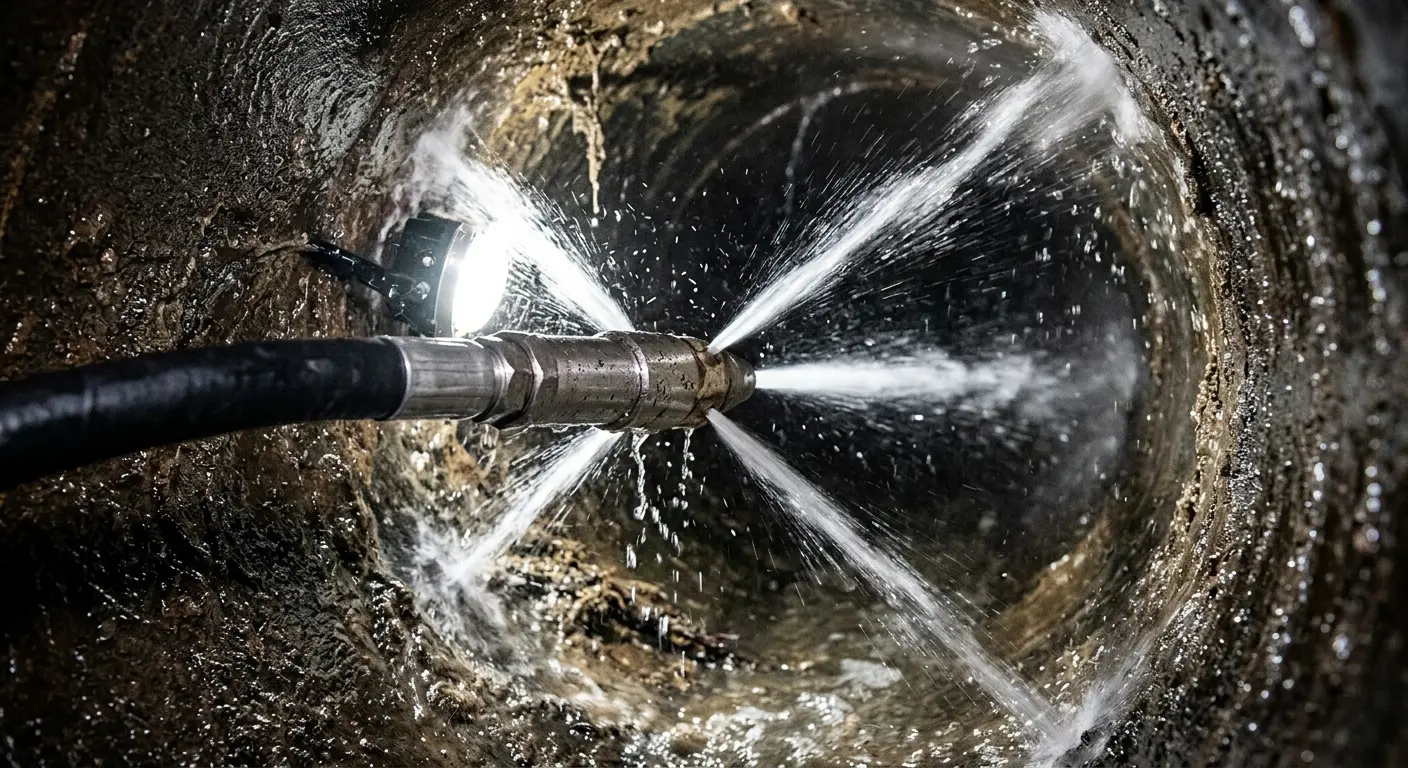 High-pressure hydro jetting nozzle cleaning sewer pipe for Trenchless Sewer Repair in Guttenberg
