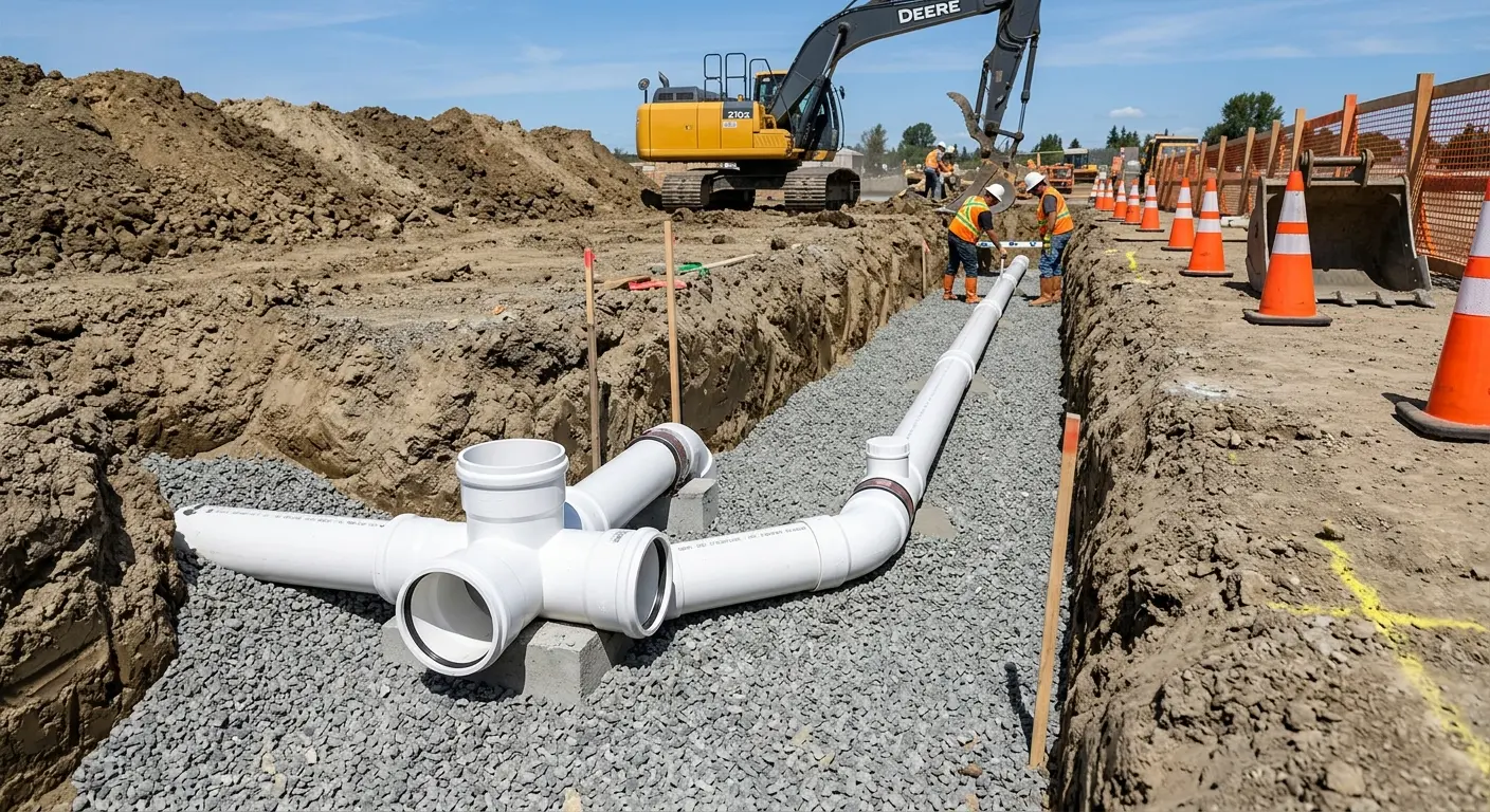 New PVC sewer pipe installation in open trench for Sewer Backup in Guttenberg
