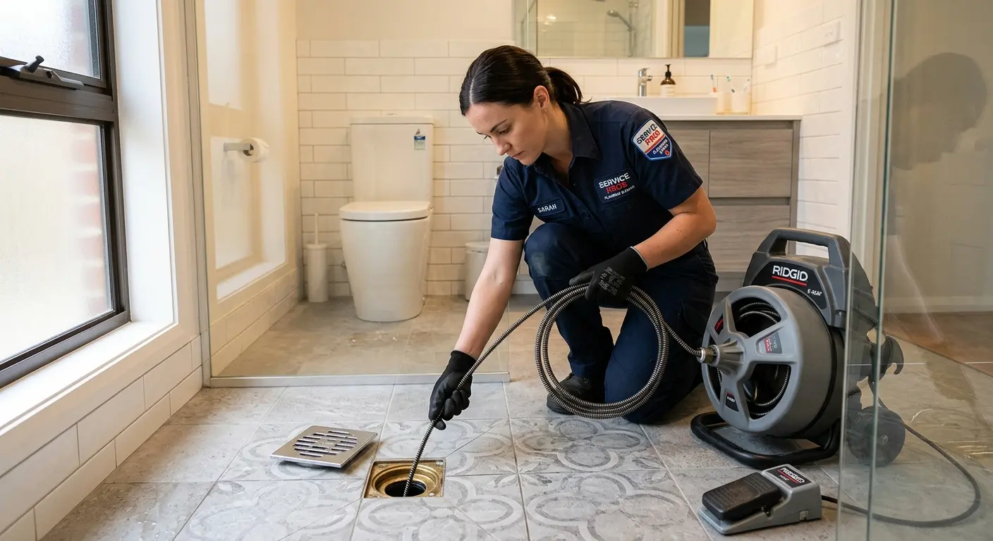 Technician clearing a bathroom floor drain for Hydro Jetting in Guttenberg